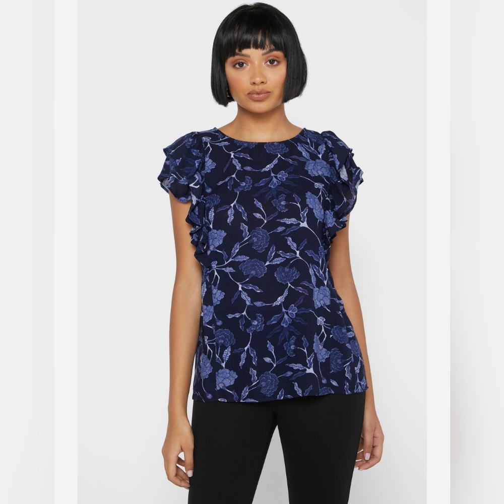 Gap Blue Floral Ruffle Sleeve Top
